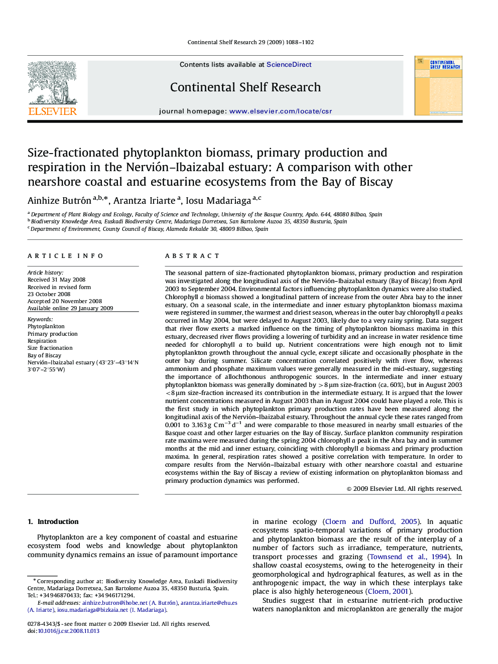 Size-fractionated phytoplankton biomass, primary production and respiration in the Nervión–Ibaizabal estuary: A comparison with other nearshore coastal and estuarine ecosystems from the Bay of Biscay