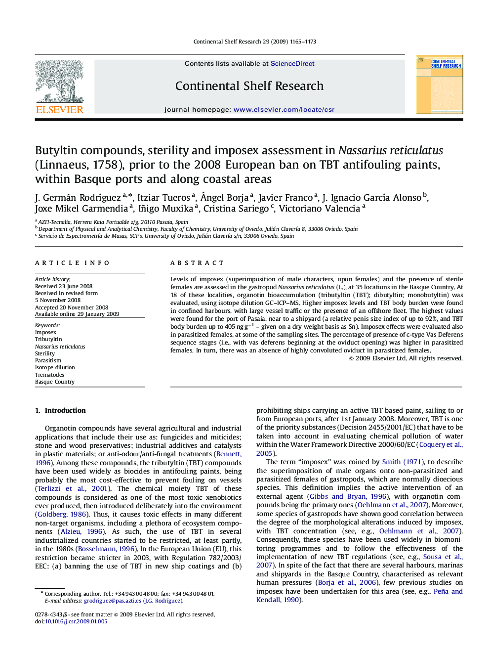 Butyltin compounds, sterility and imposex assessment in Nassarius reticulatus (Linnaeus, 1758), prior to the 2008 European ban on TBT antifouling paints, within Basque ports and along coastal areas