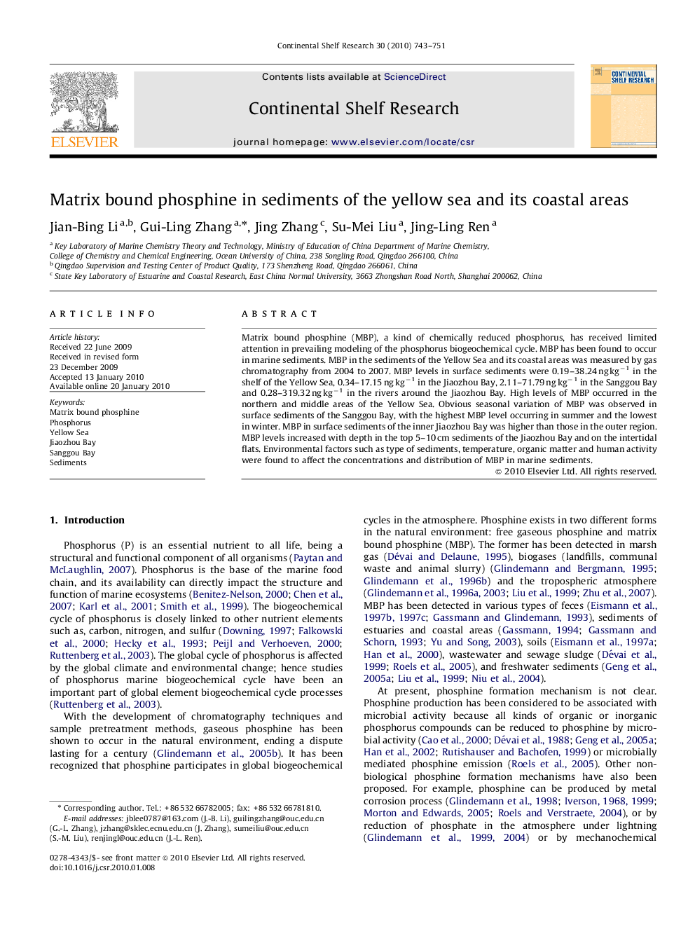 Matrix bound phosphine in sediments of the yellow sea and its coastal areas