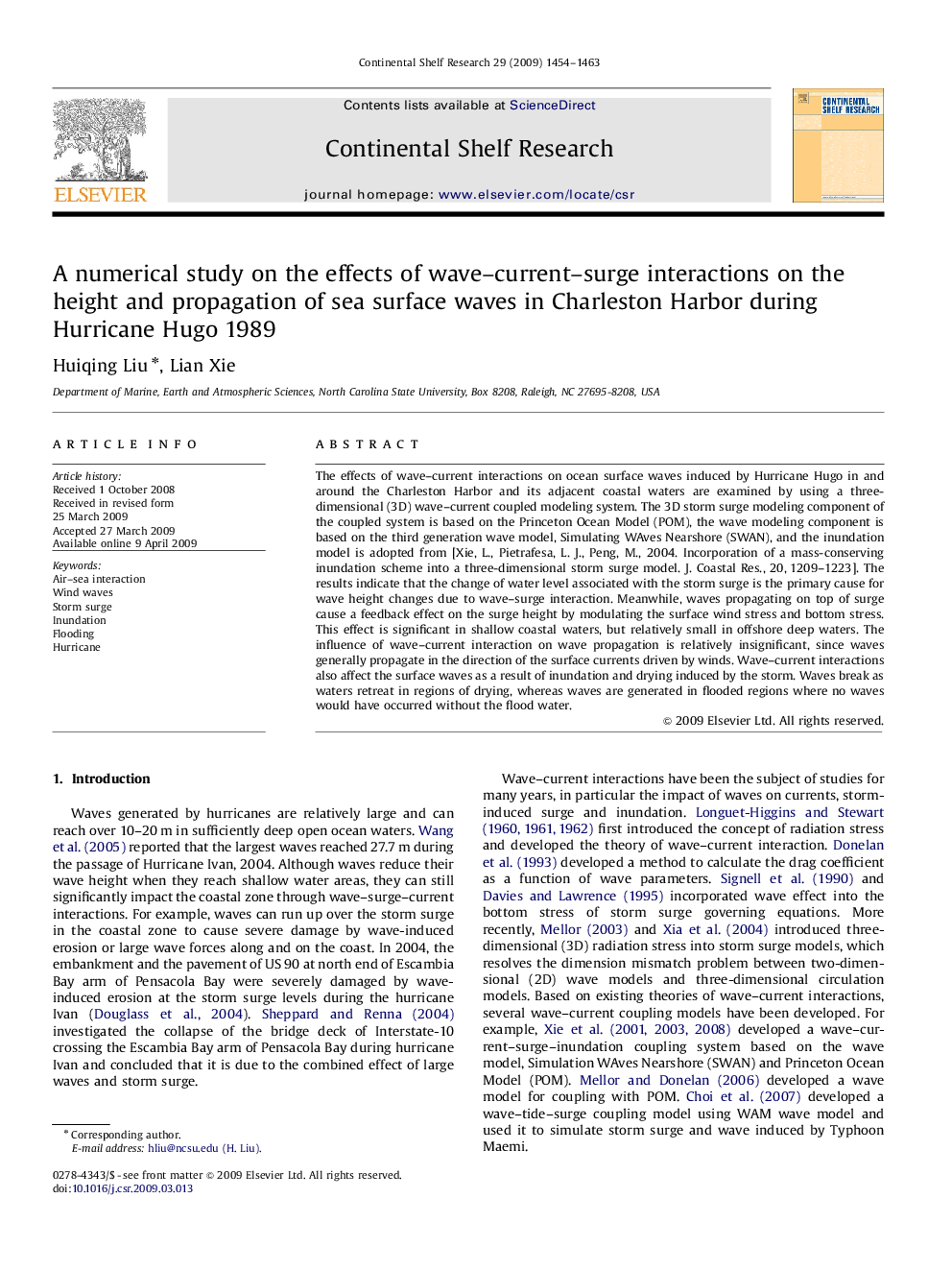 A numerical study on the effects of wave–current–surge interactions on the height and propagation of sea surface waves in Charleston Harbor during Hurricane Hugo 1989