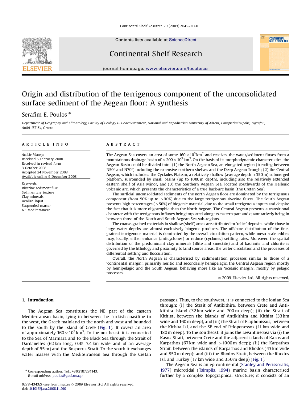 Origin and distribution of the terrigenous component of the unconsolidated surface sediment of the Aegean floor: A synthesis