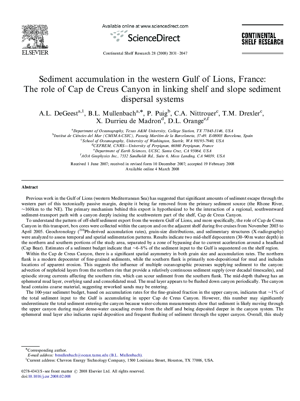 Sediment accumulation in the western Gulf of Lions, France: The role of Cap de Creus Canyon in linking shelf and slope sediment dispersal systems