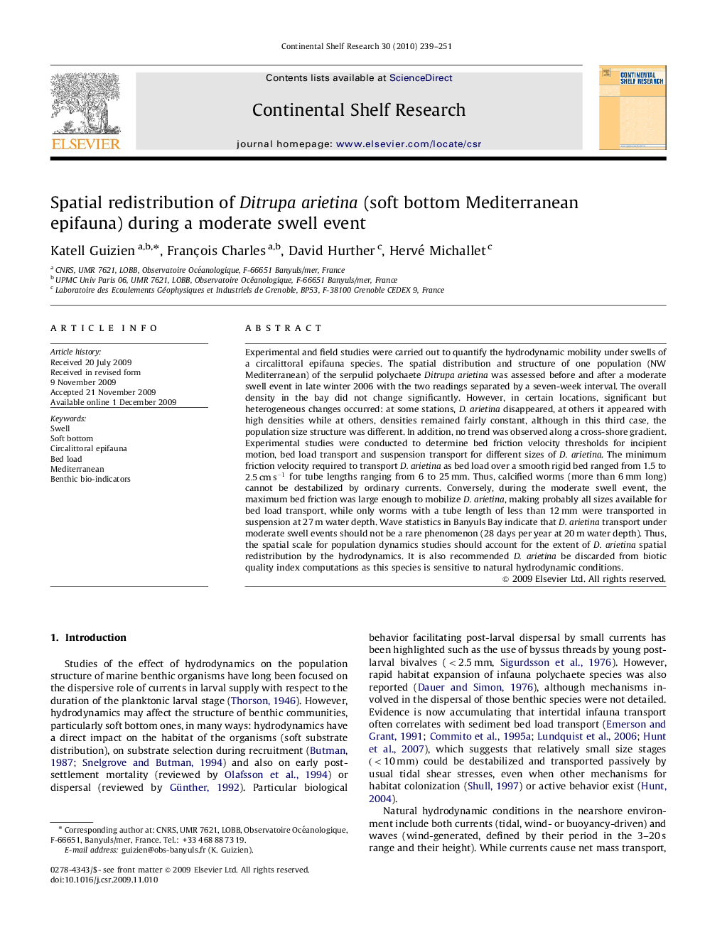 Spatial redistribution of Ditrupa arietina (soft bottom Mediterranean epifauna) during a moderate swell event