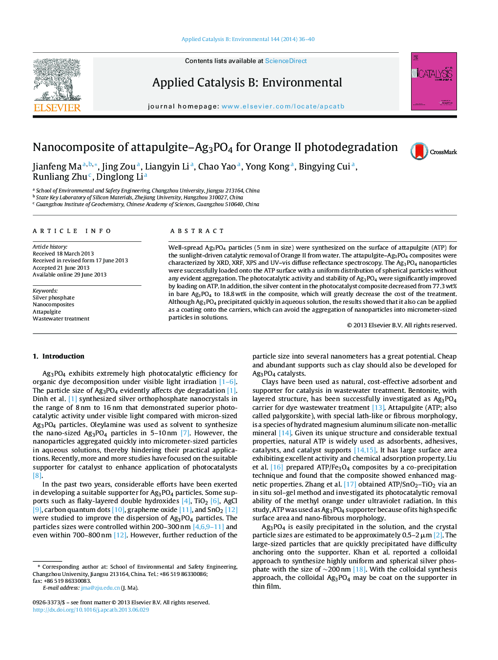 Nanocomposite of attapulgite–Ag3PO4 for Orange II photodegradation