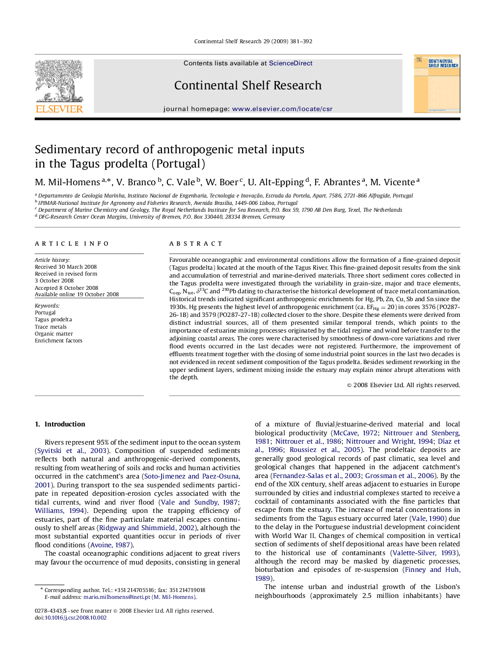 Sedimentary record of anthropogenic metal inputs in the Tagus prodelta (Portugal)