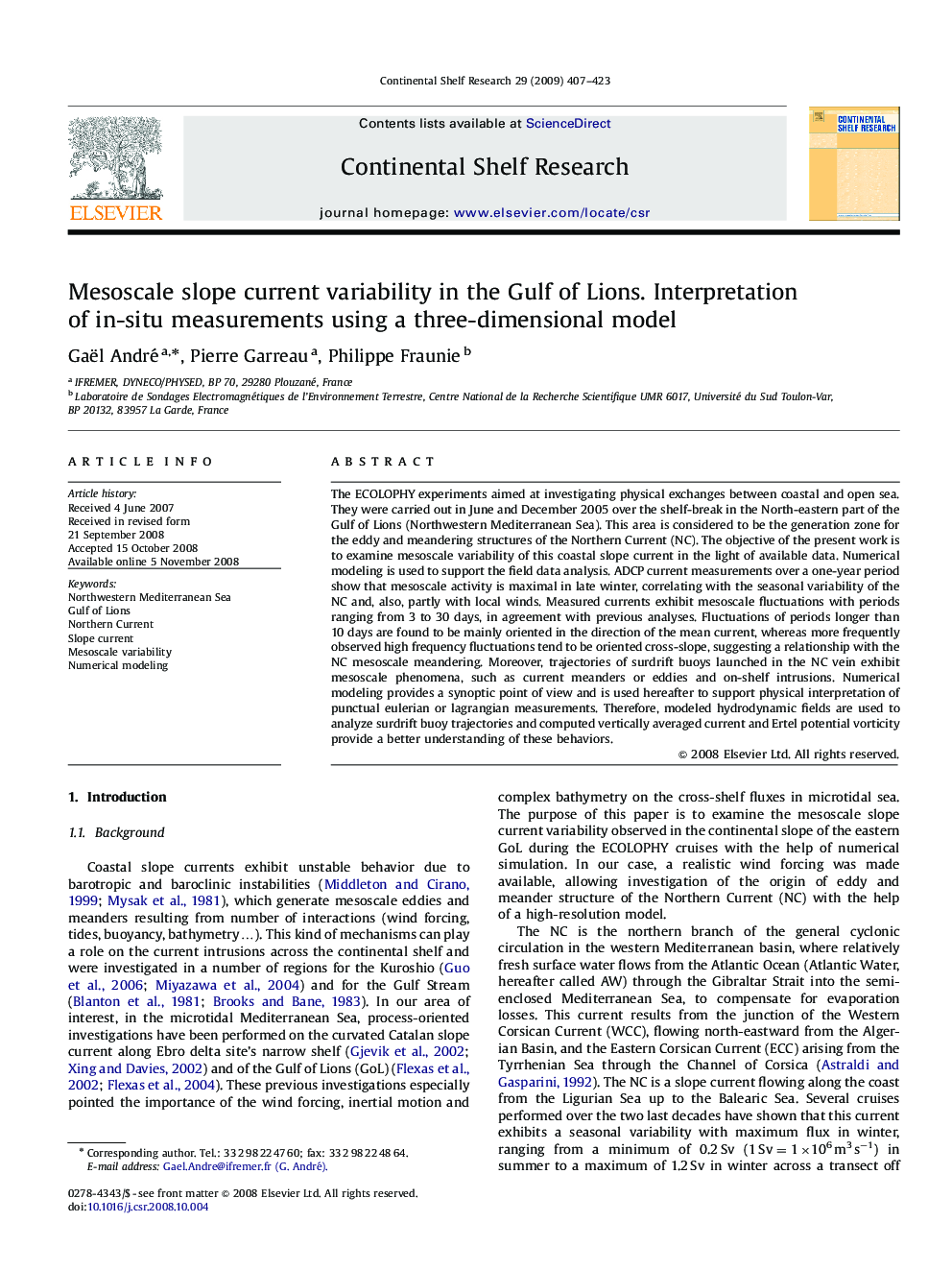 Mesoscale slope current variability in the Gulf of Lions. Interpretation of in-situ measurements using a three-dimensional model