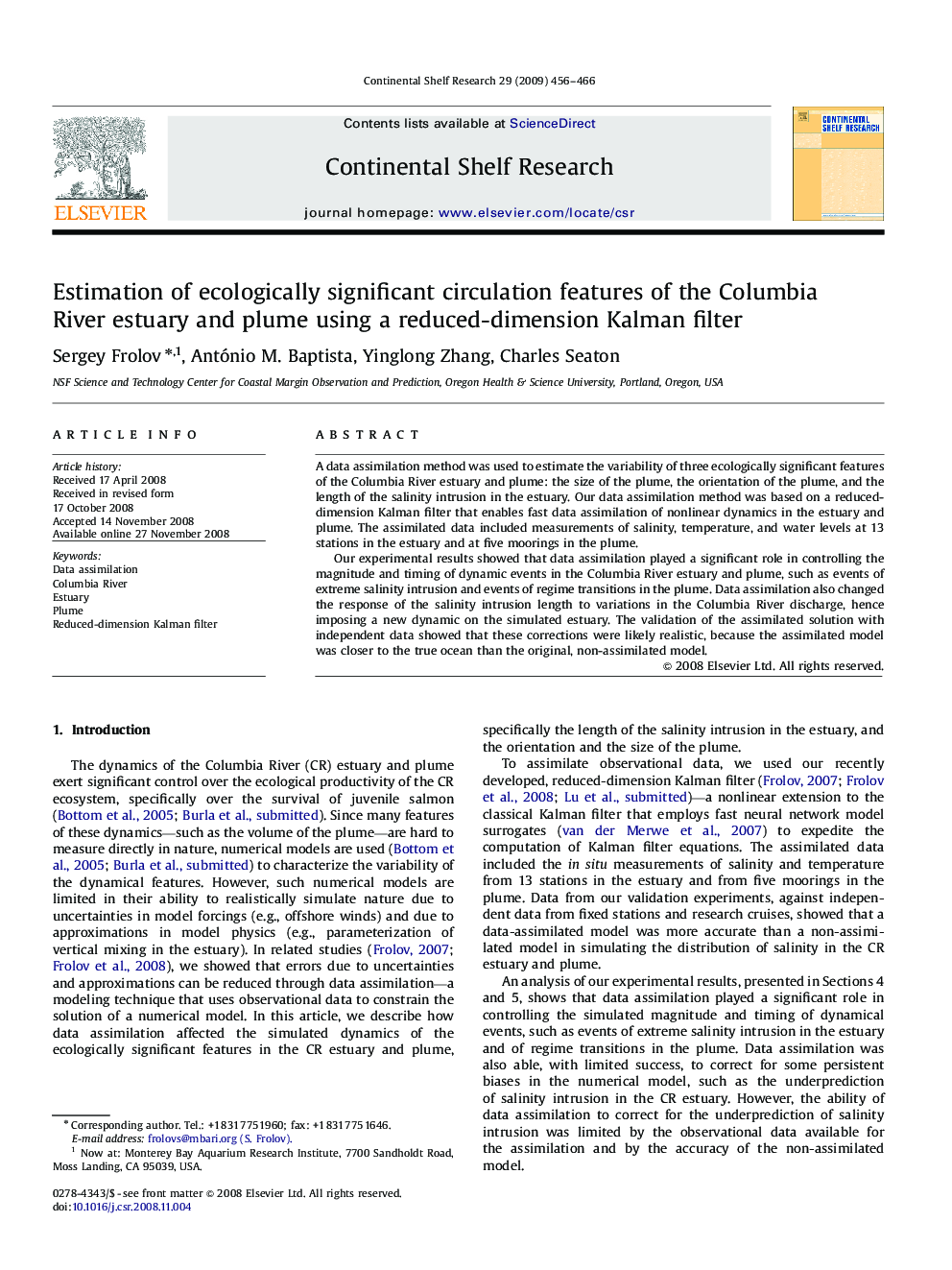 Estimation of ecologically significant circulation features of the Columbia River estuary and plume using a reduced-dimension Kalman filter