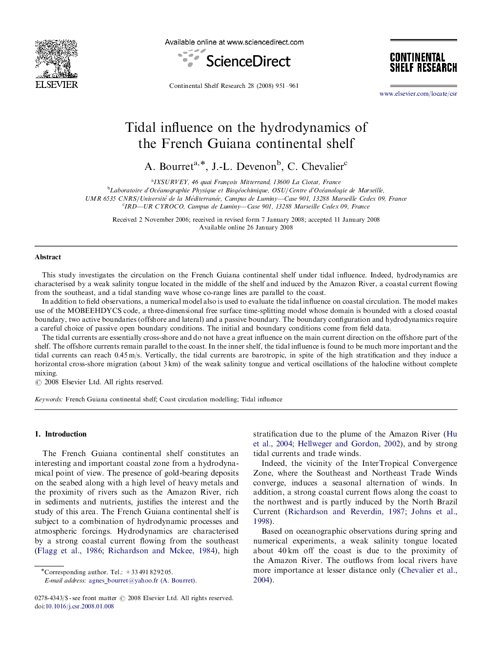 Tidal influence on the hydrodynamics of the French Guiana continental shelf