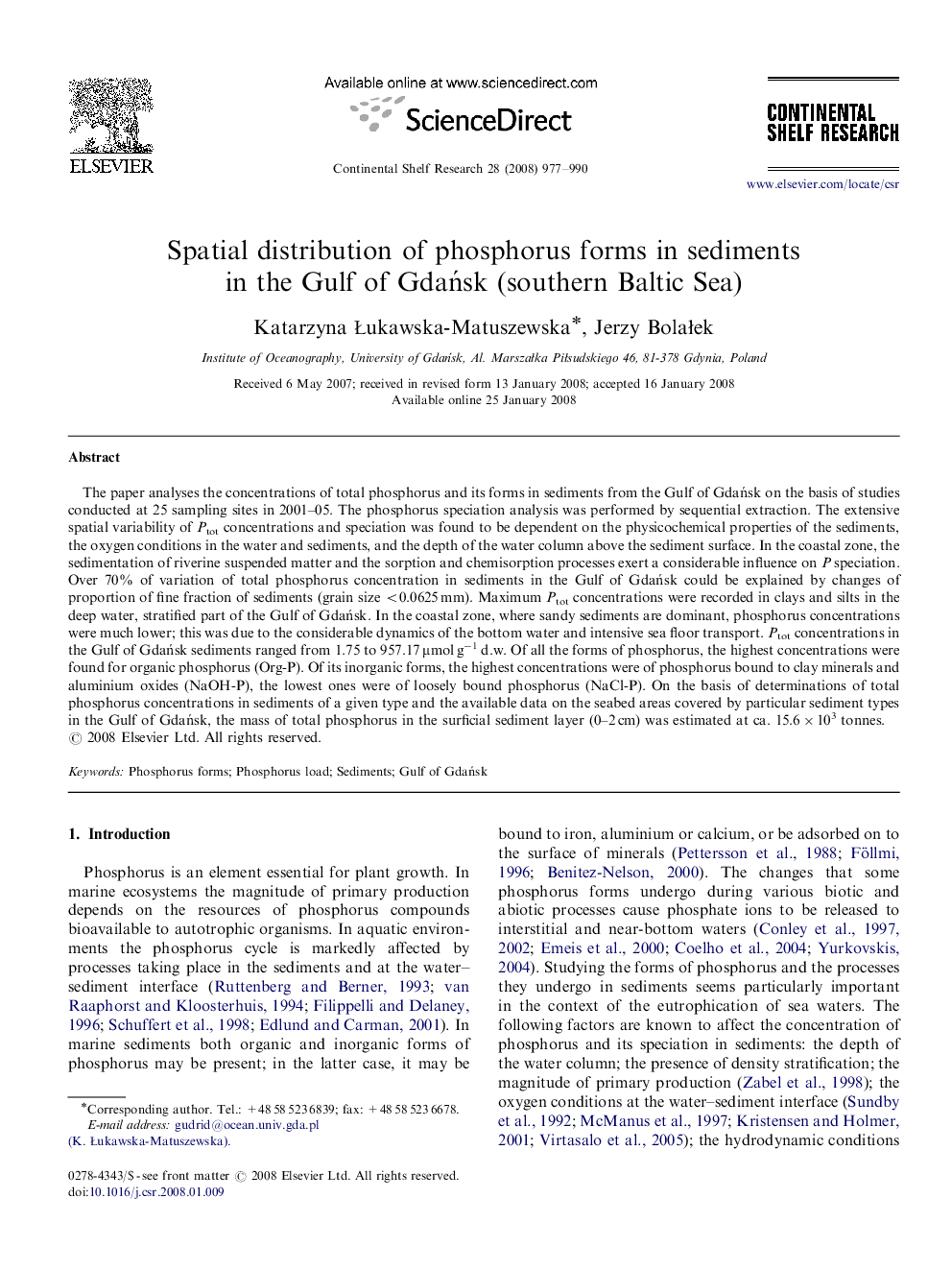 Spatial distribution of phosphorus forms in sediments in the Gulf of Gdańsk (southern Baltic Sea)