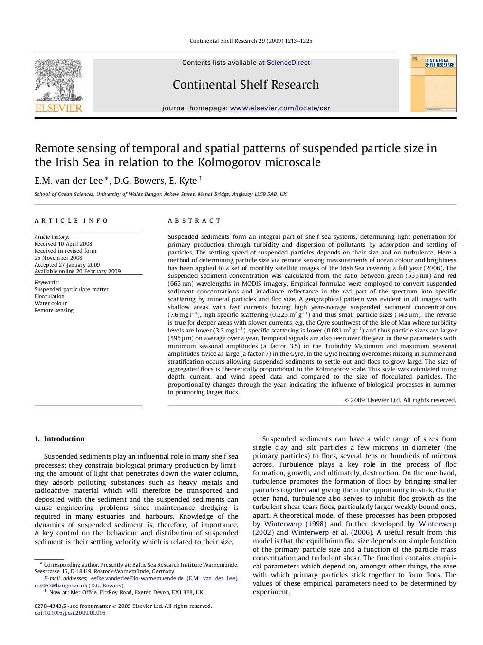 Remote sensing of temporal and spatial patterns of suspended particle size in the Irish Sea in relation to the Kolmogorov microscale