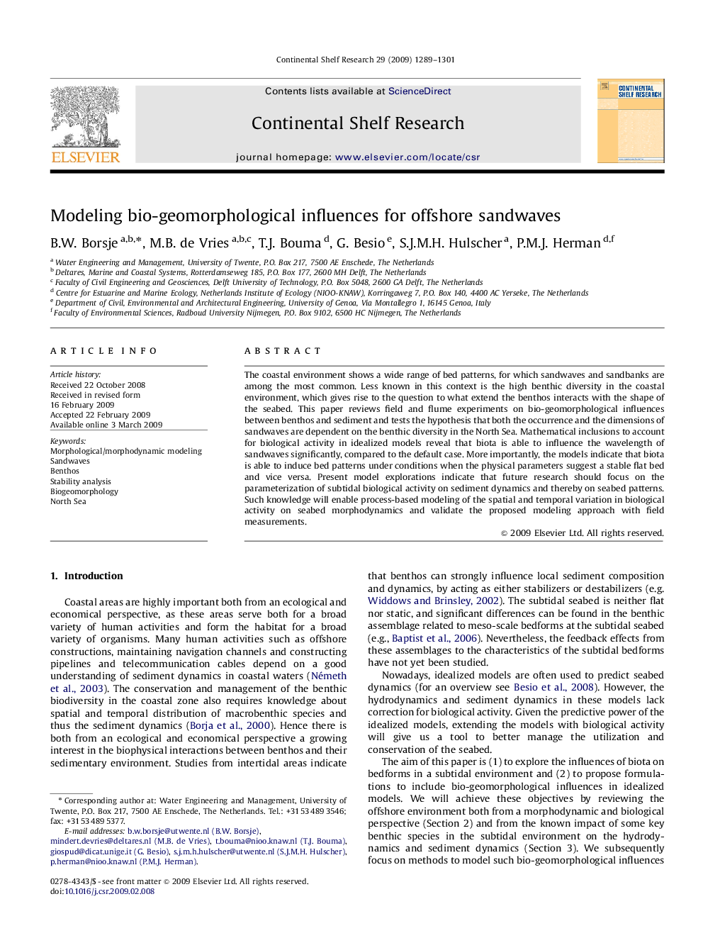 Modeling bio-geomorphological influences for offshore sandwaves