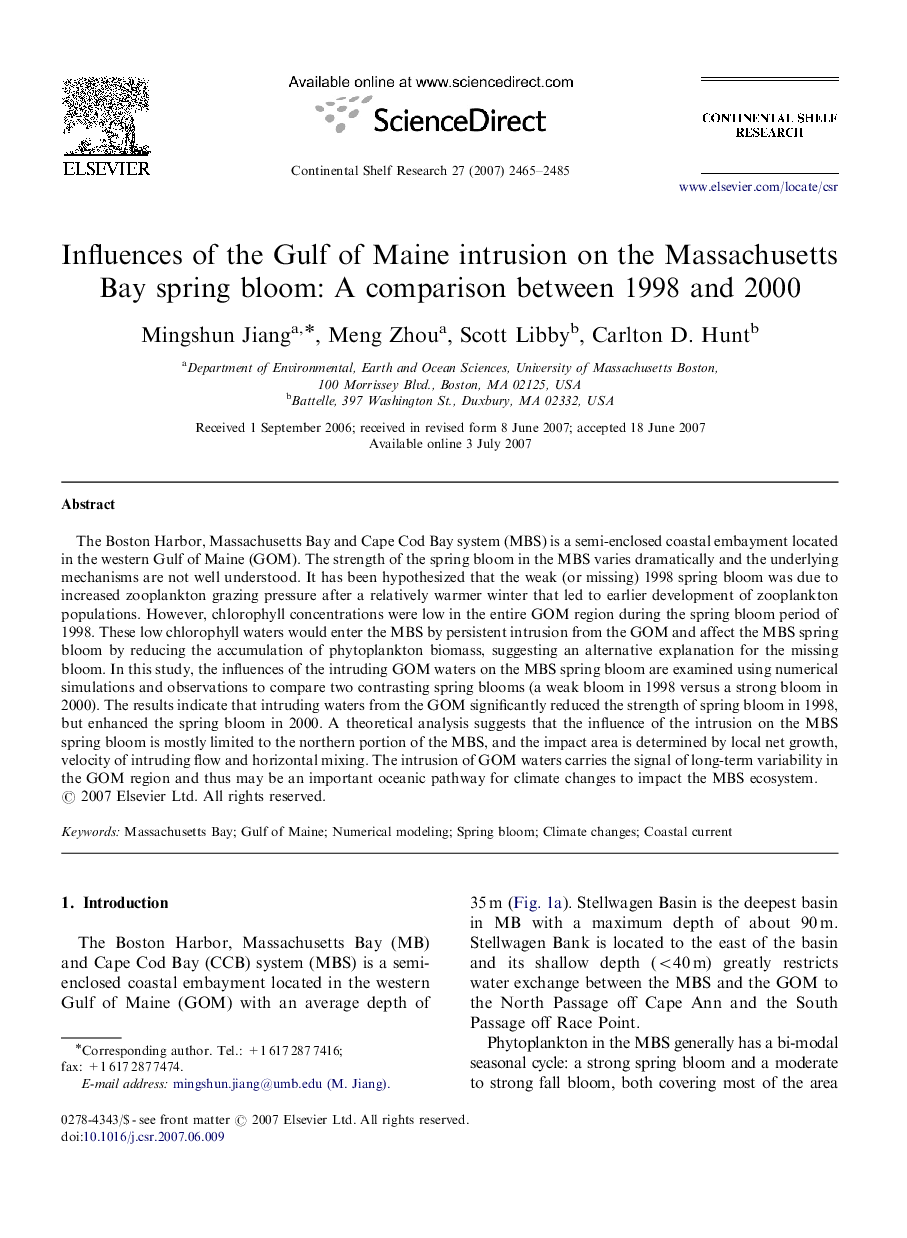 Influences of the Gulf of Maine intrusion on the Massachusetts Bay spring bloom: A comparison between 1998 and 2000