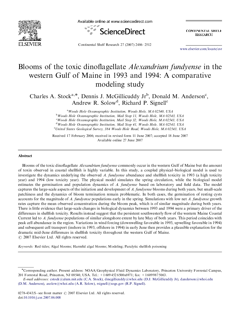 Blooms of the toxic dinoflagellate Alexandrium fundyense in the western Gulf of Maine in 1993 and 1994: A comparative modeling study