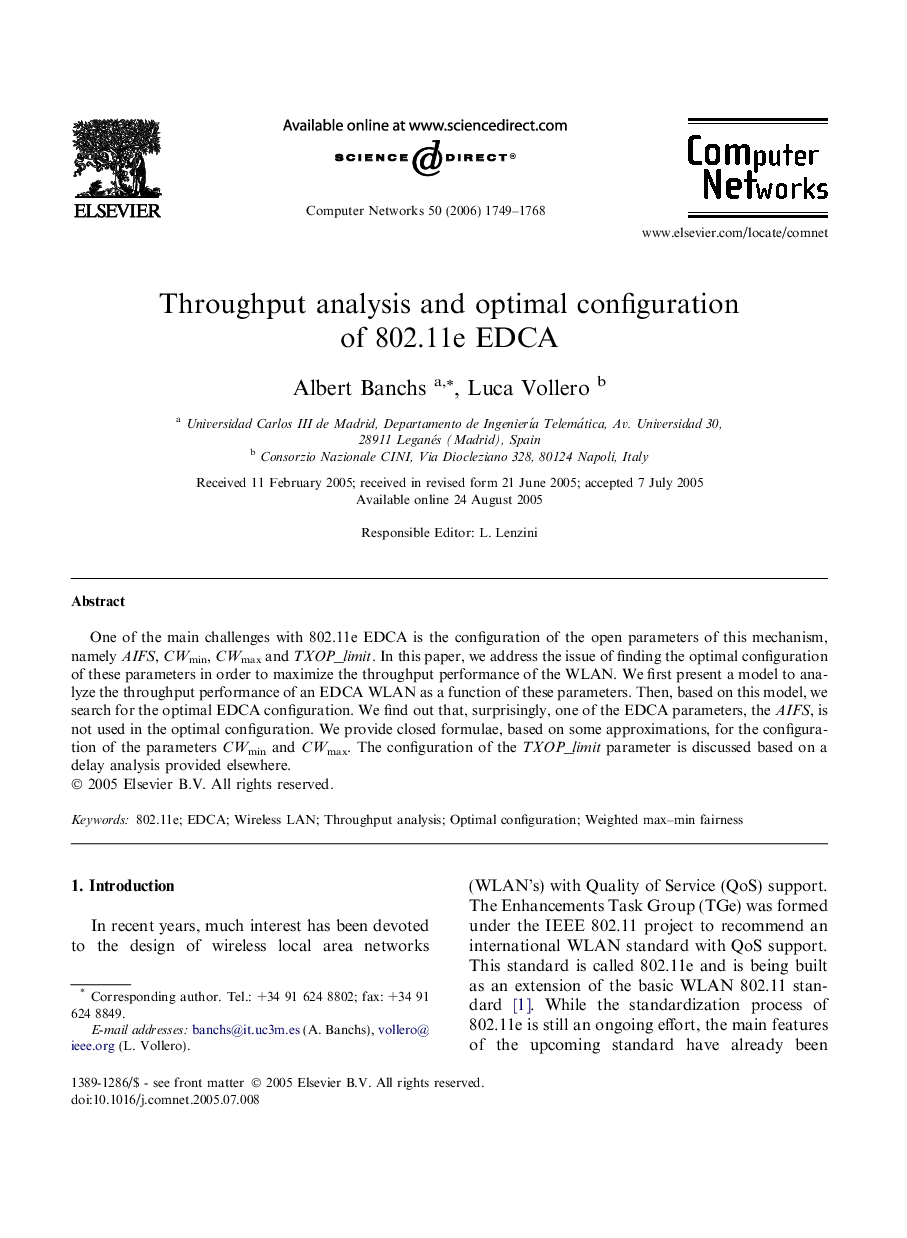 Throughput analysis and optimal configuration of 802.11e EDCA