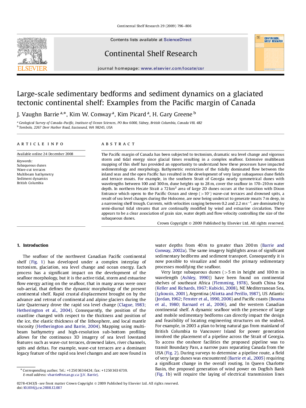 Large-scale sedimentary bedforms and sediment dynamics on a glaciated tectonic continental shelf: Examples from the Pacific margin of Canada