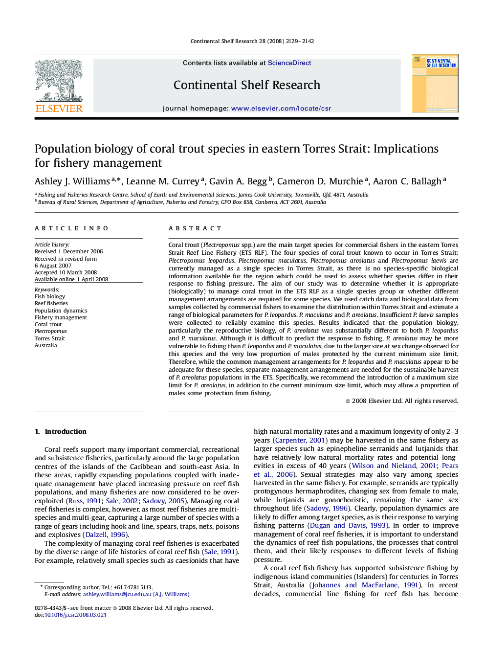 Population biology of coral trout species in eastern Torres Strait: Implications for fishery management