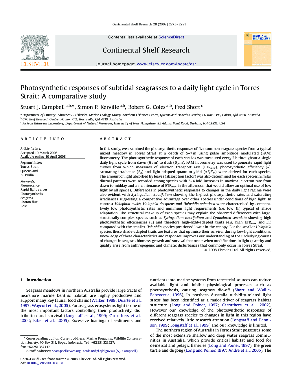 Photosynthetic responses of subtidal seagrasses to a daily light cycle in Torres Strait: A comparative study