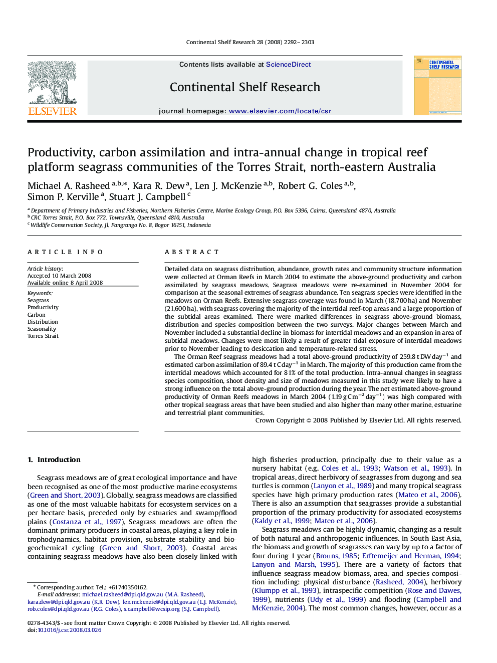 Productivity, carbon assimilation and intra-annual change in tropical reef platform seagrass communities of the Torres Strait, north-eastern Australia