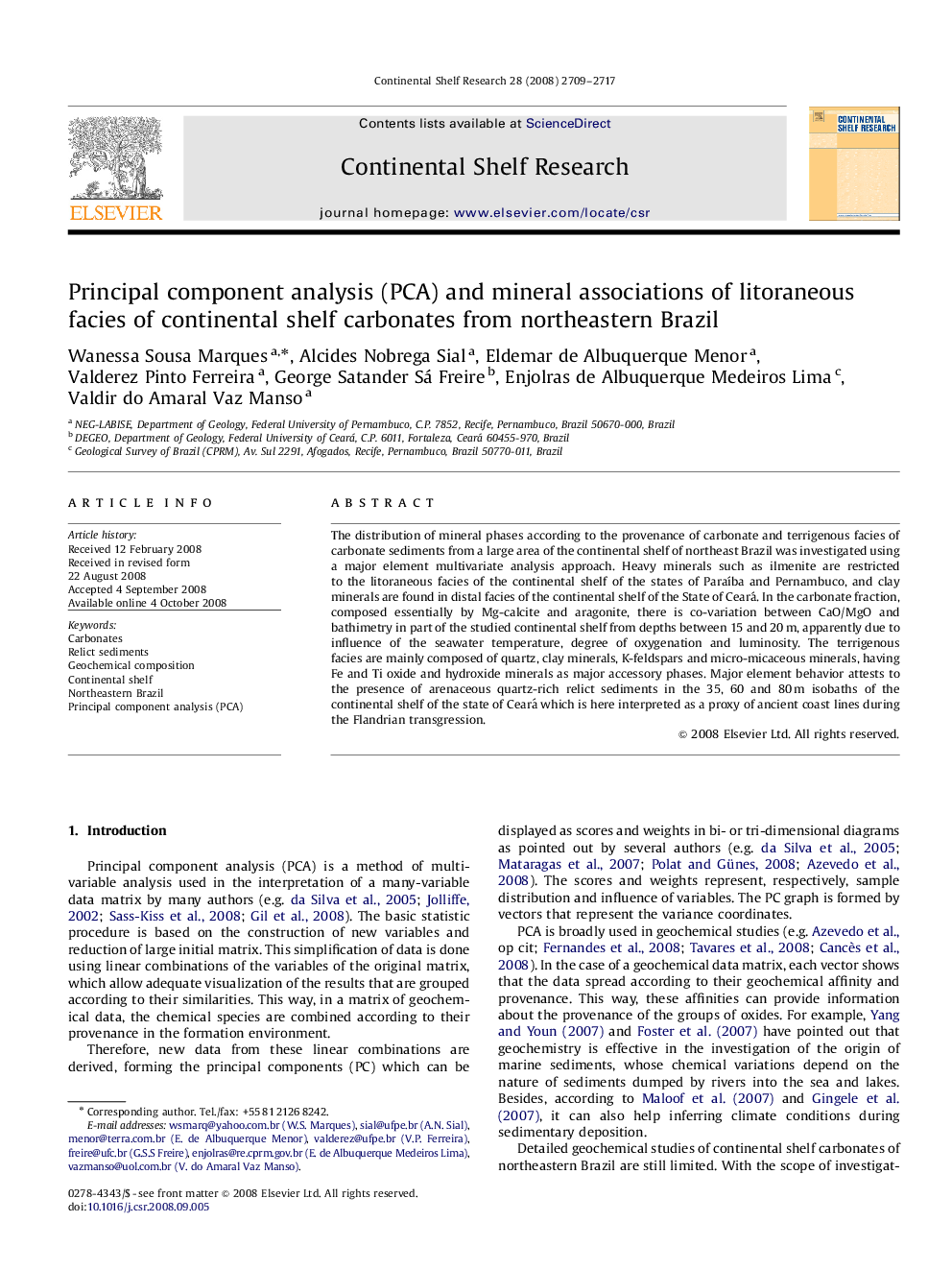 Principal component analysis (PCA) and mineral associations of litoraneous facies of continental shelf carbonates from northeastern Brazil