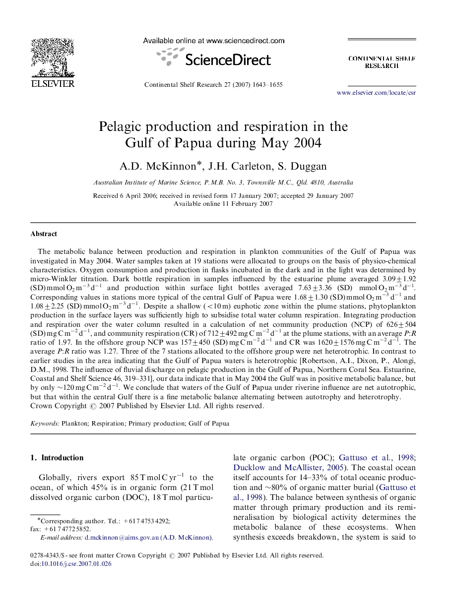 Pelagic production and respiration in the Gulf of Papua during May 2004