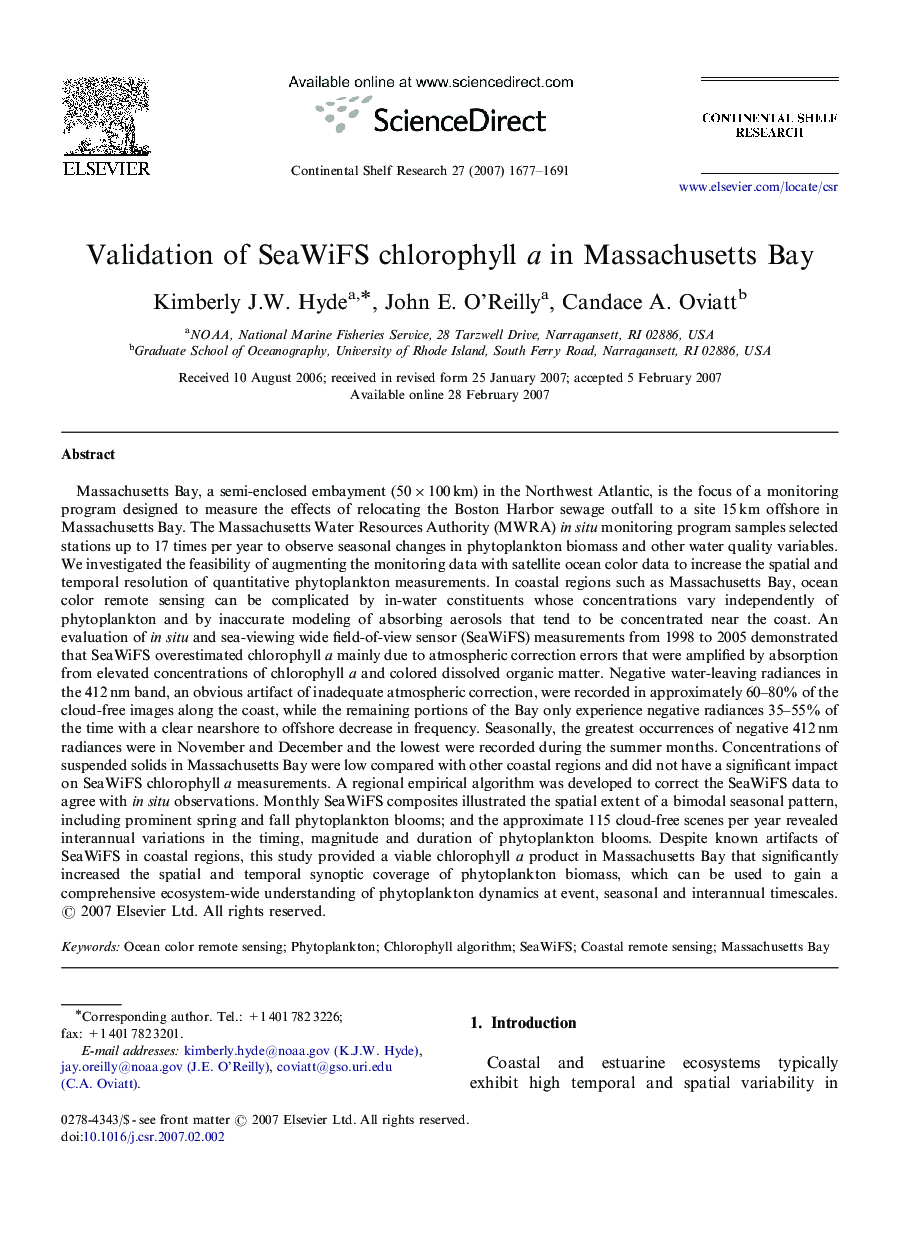 Validation of SeaWiFS chlorophyll a in Massachusetts Bay