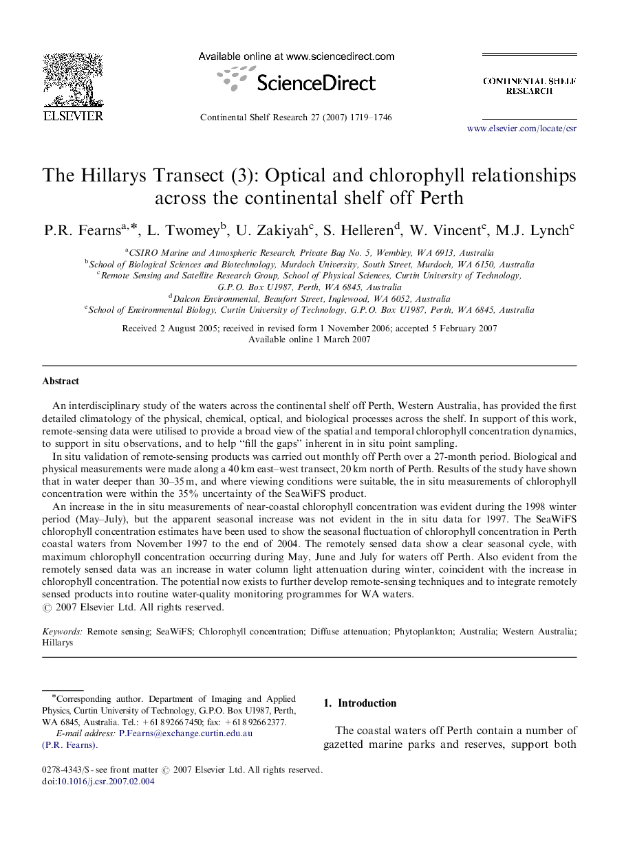 The Hillarys Transect (3): Optical and chlorophyll relationships across the continental shelf off Perth