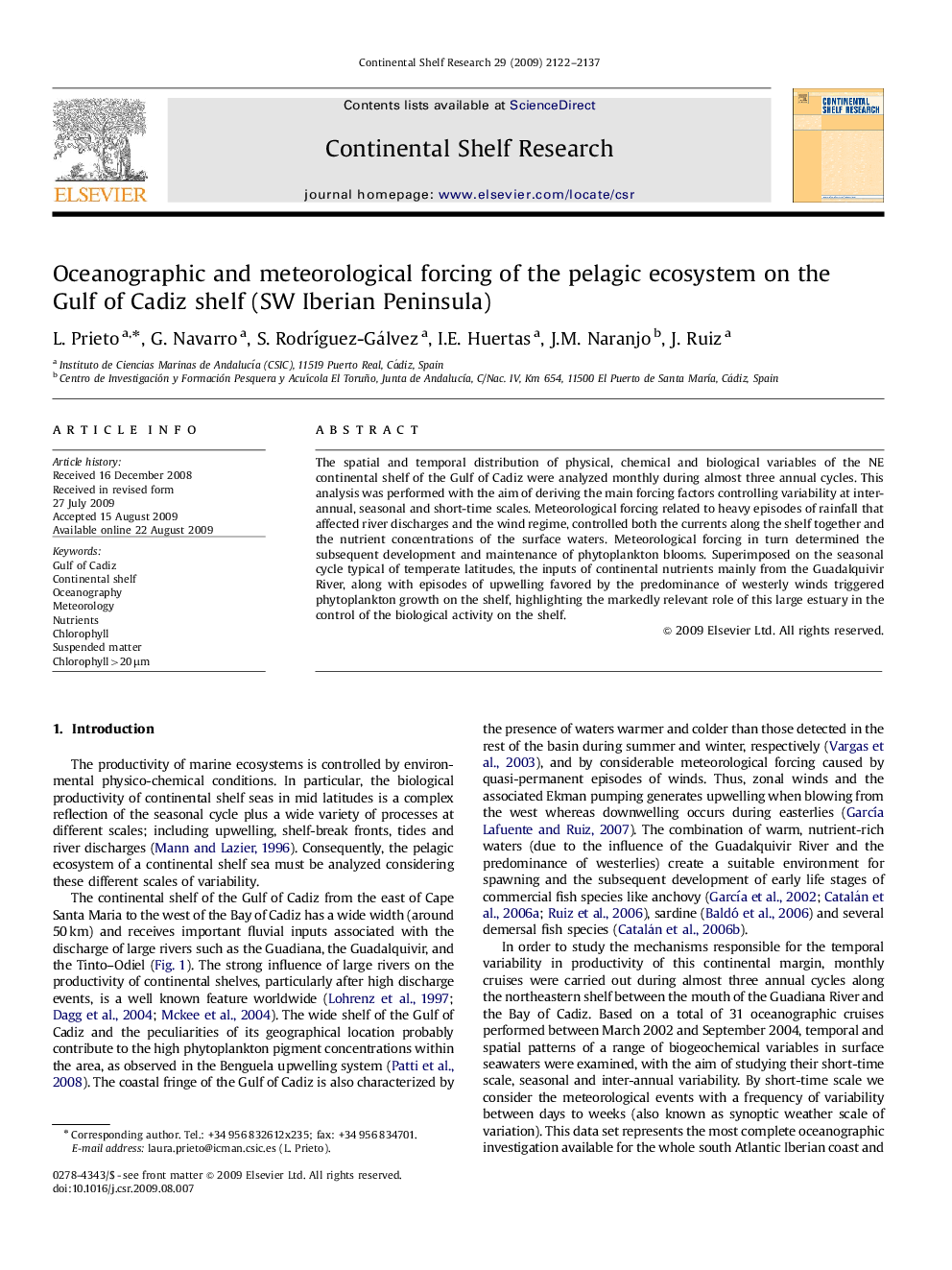 Oceanographic and meteorological forcing of the pelagic ecosystem on the Gulf of Cadiz shelf (SW Iberian Peninsula)