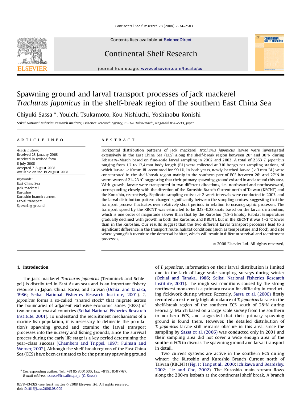 Spawning ground and larval transport processes of jack mackerel Trachurus japonicus in the shelf-break region of the southern East China Sea