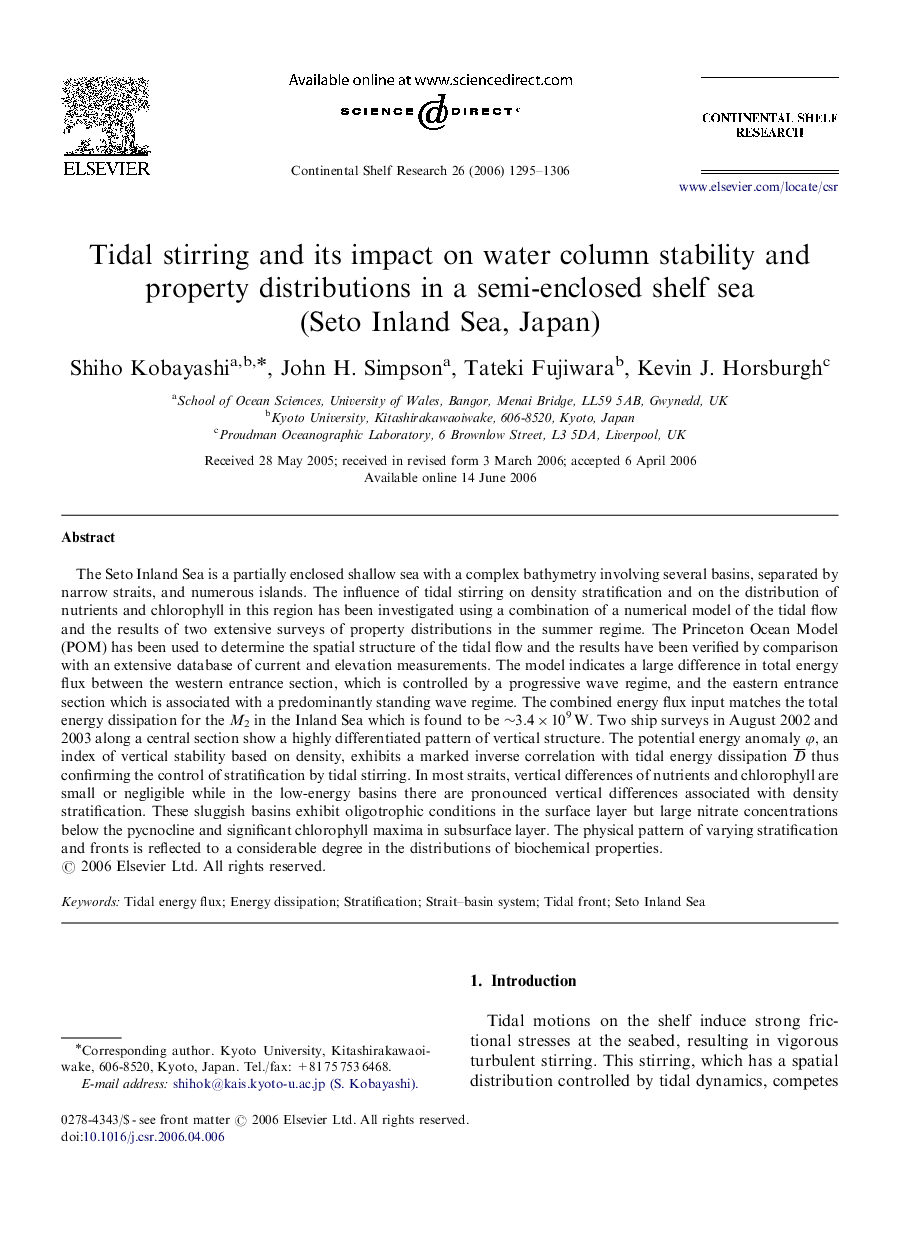 Tidal stirring and its impact on water column stability and property distributions in a semi-enclosed shelf sea (Seto Inland Sea, Japan)