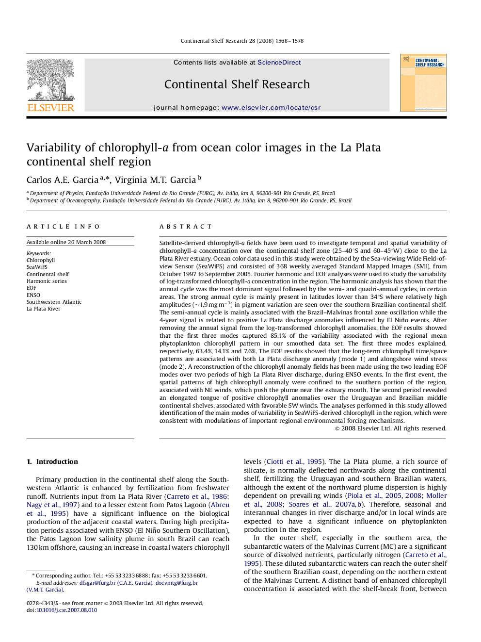 Variability of chlorophyll-a from ocean color images in the La Plata continental shelf region