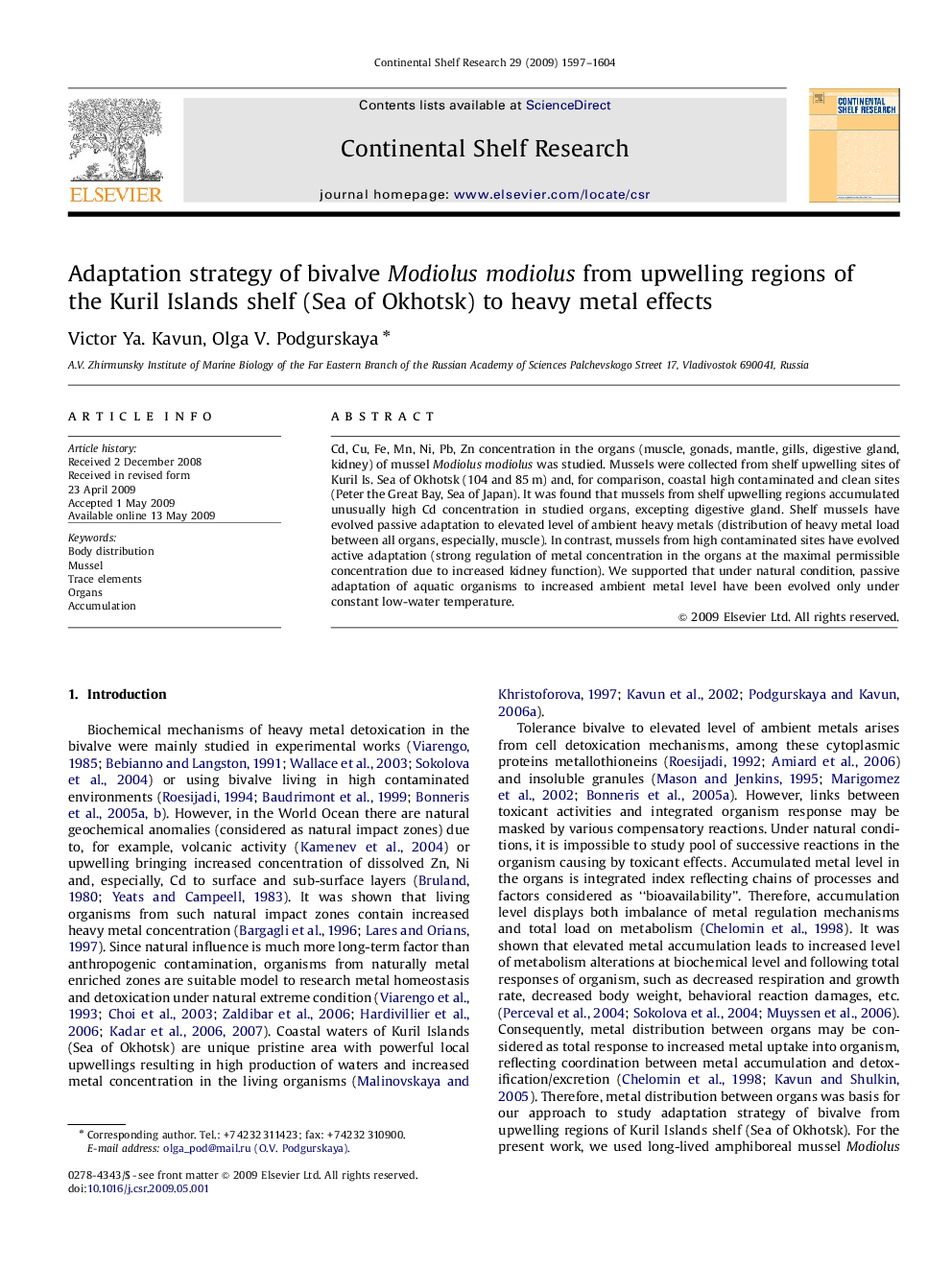 Adaptation strategy of bivalve Modiolus modiolus from upwelling regions of the Kuril Islands shelf (Sea of Okhotsk) to heavy metal effects