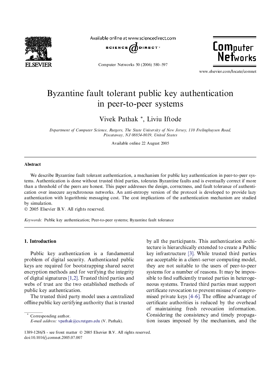 Byzantine fault tolerant public key authentication in peer-to-peer systems