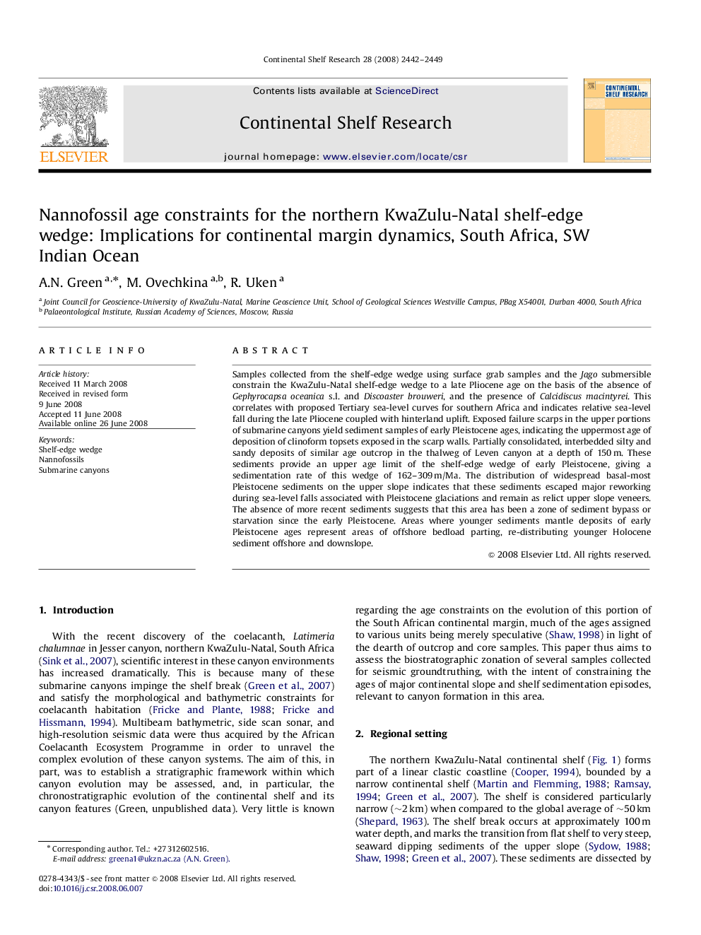 Nannofossil age constraints for the northern KwaZulu-Natal shelf-edge wedge: Implications for continental margin dynamics, South Africa, SW Indian Ocean