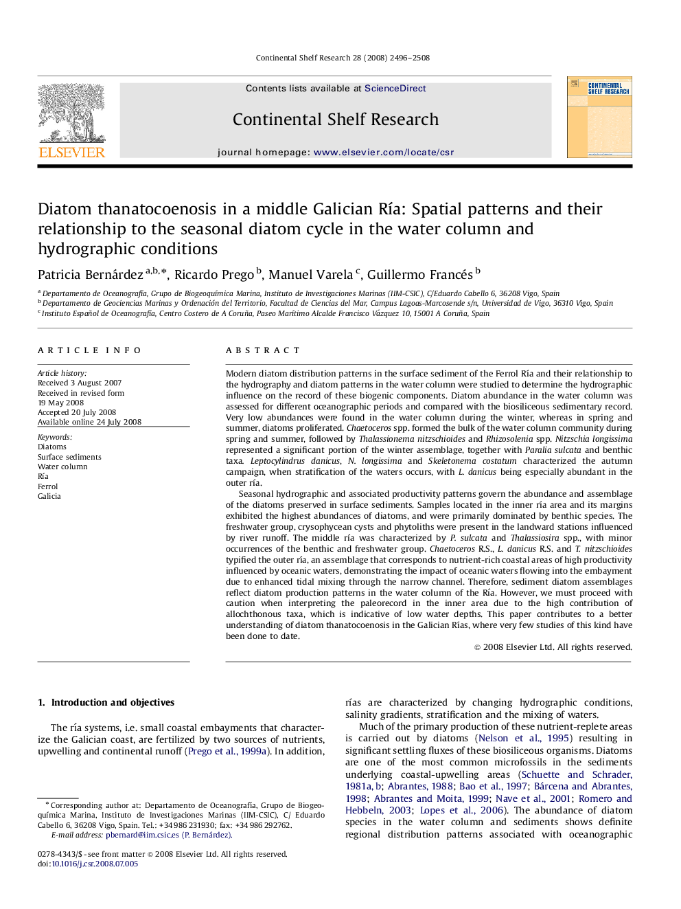 Diatom thanatocoenosis in a middle Galician Ría: Spatial patterns and their relationship to the seasonal diatom cycle in the water column and hydrographic conditions