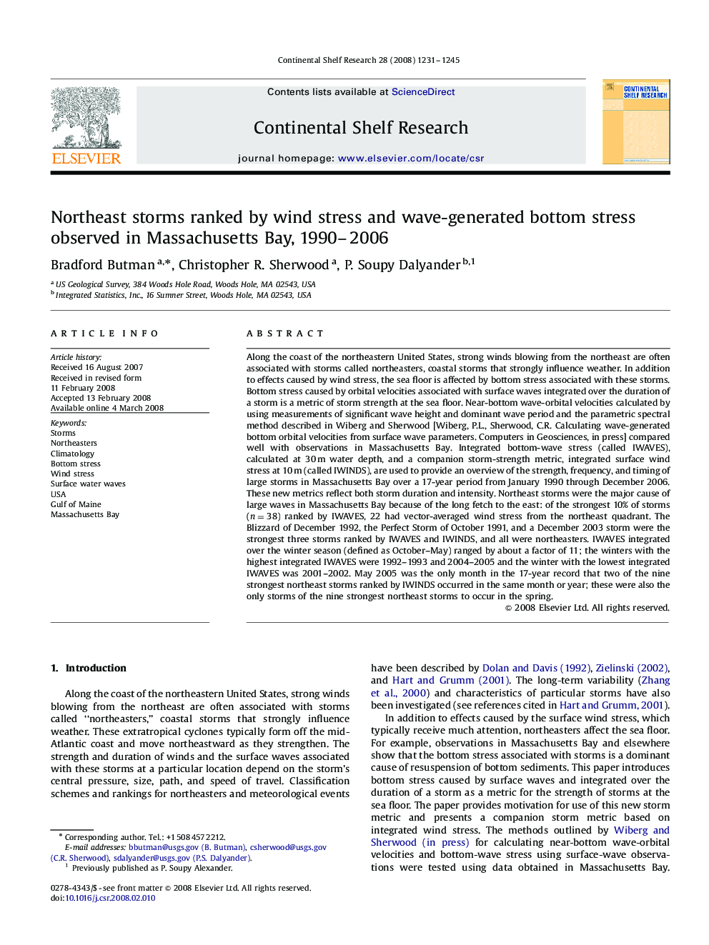 Northeast storms ranked by wind stress and wave-generated bottom stress observed in Massachusetts Bay, 1990-2006