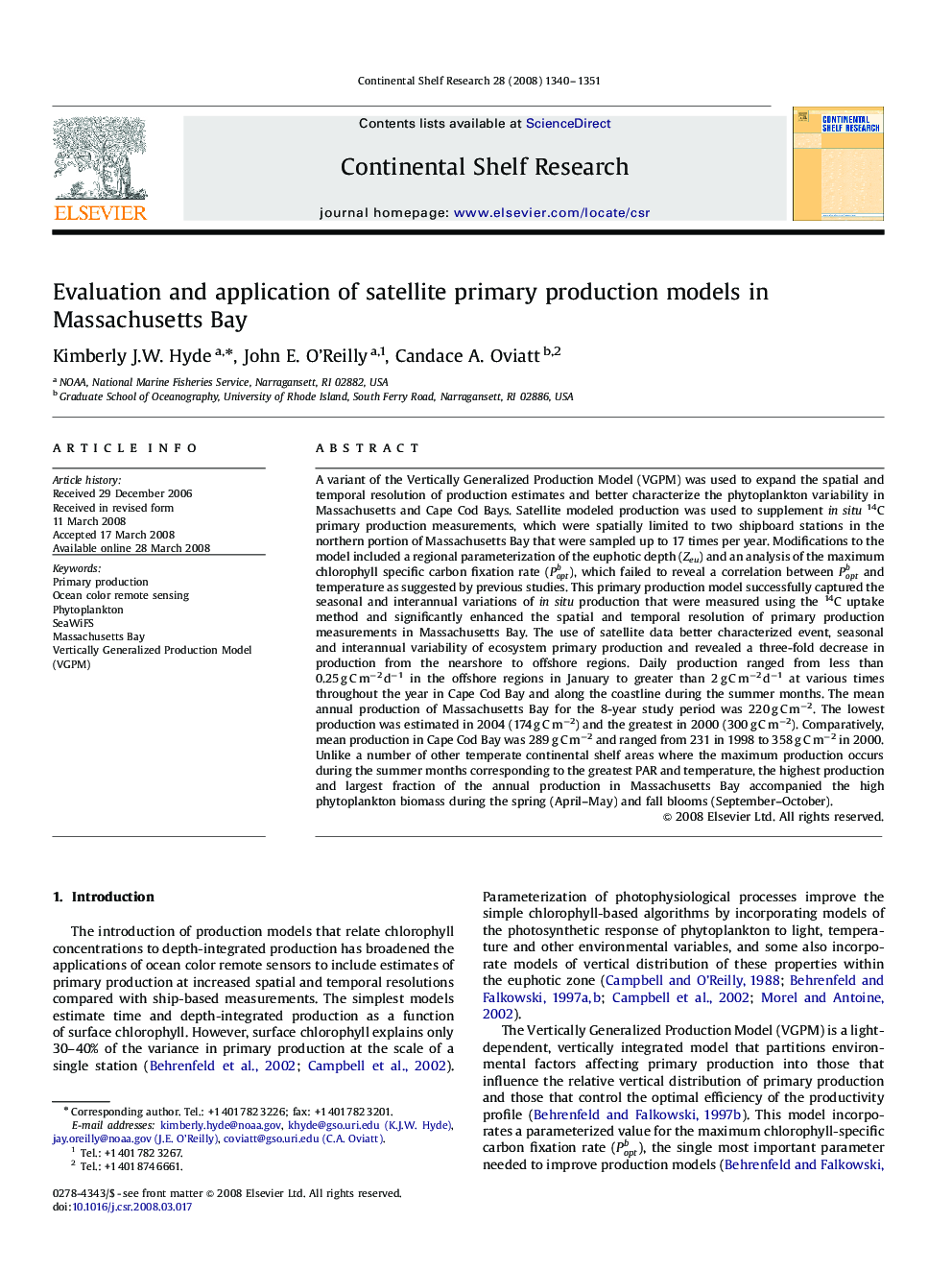 Evaluation and application of satellite primary production models in Massachusetts Bay