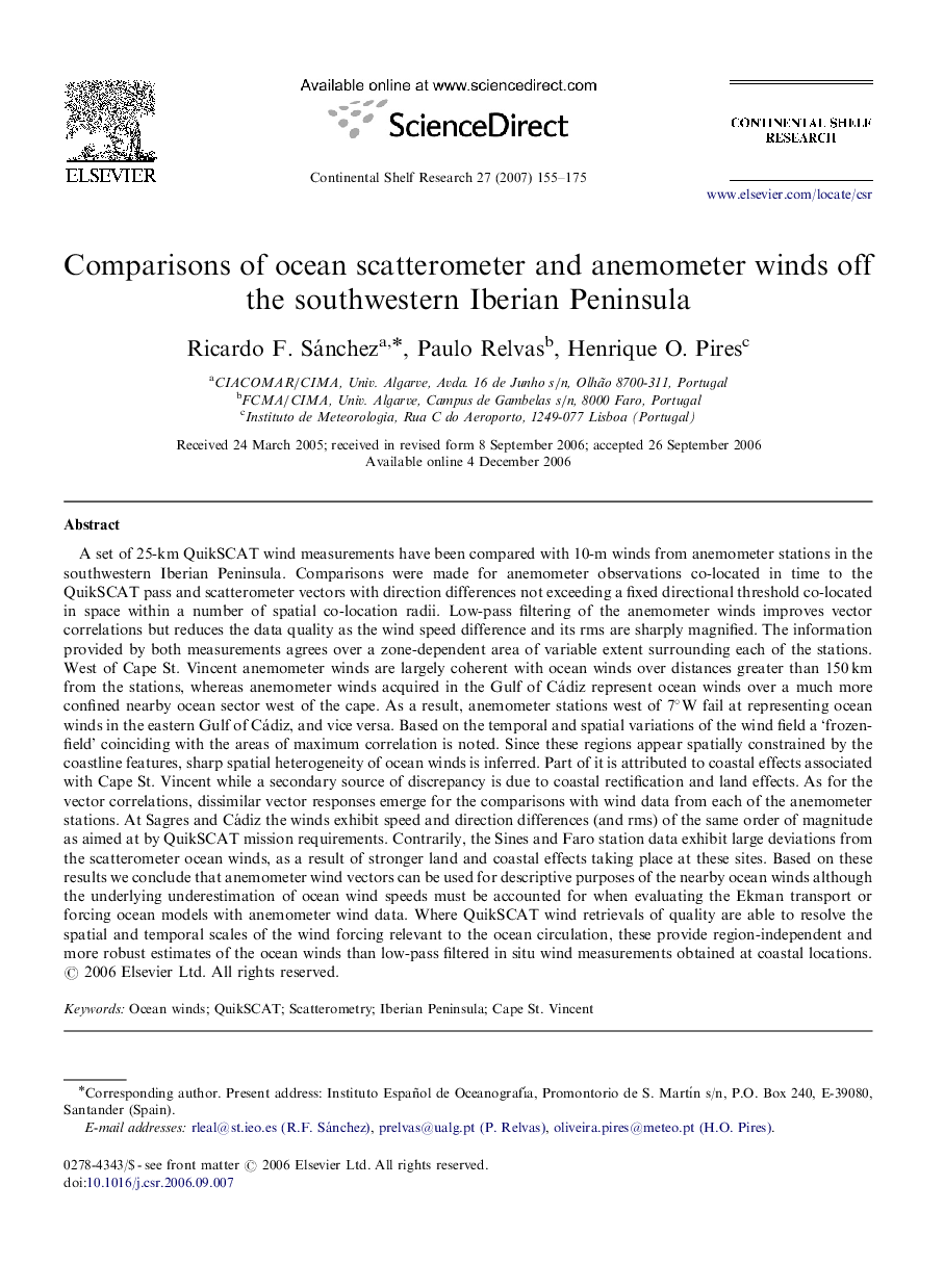 Comparisons of ocean scatterometer and anemometer winds off the southwestern Iberian Peninsula