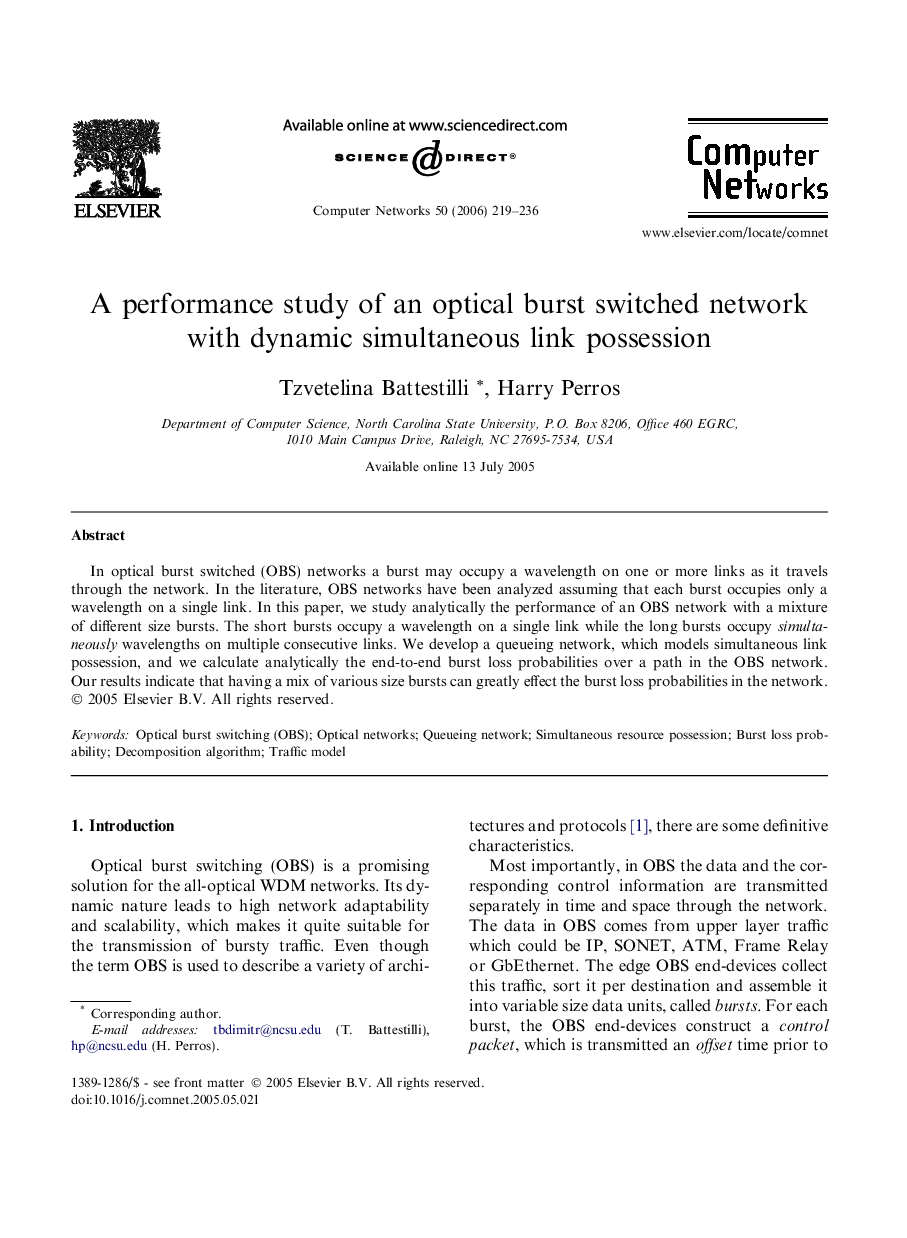 A performance study of an optical burst switched network with dynamic simultaneous link possession