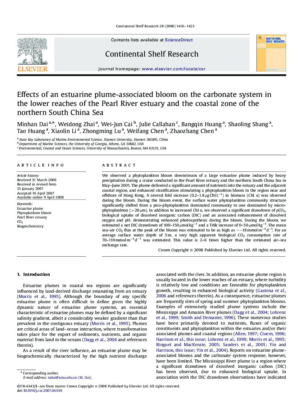 Effects of an estuarine plume-associated bloom on the carbonate system in the lower reaches of the Pearl River estuary and the coastal zone of the northern South China Sea