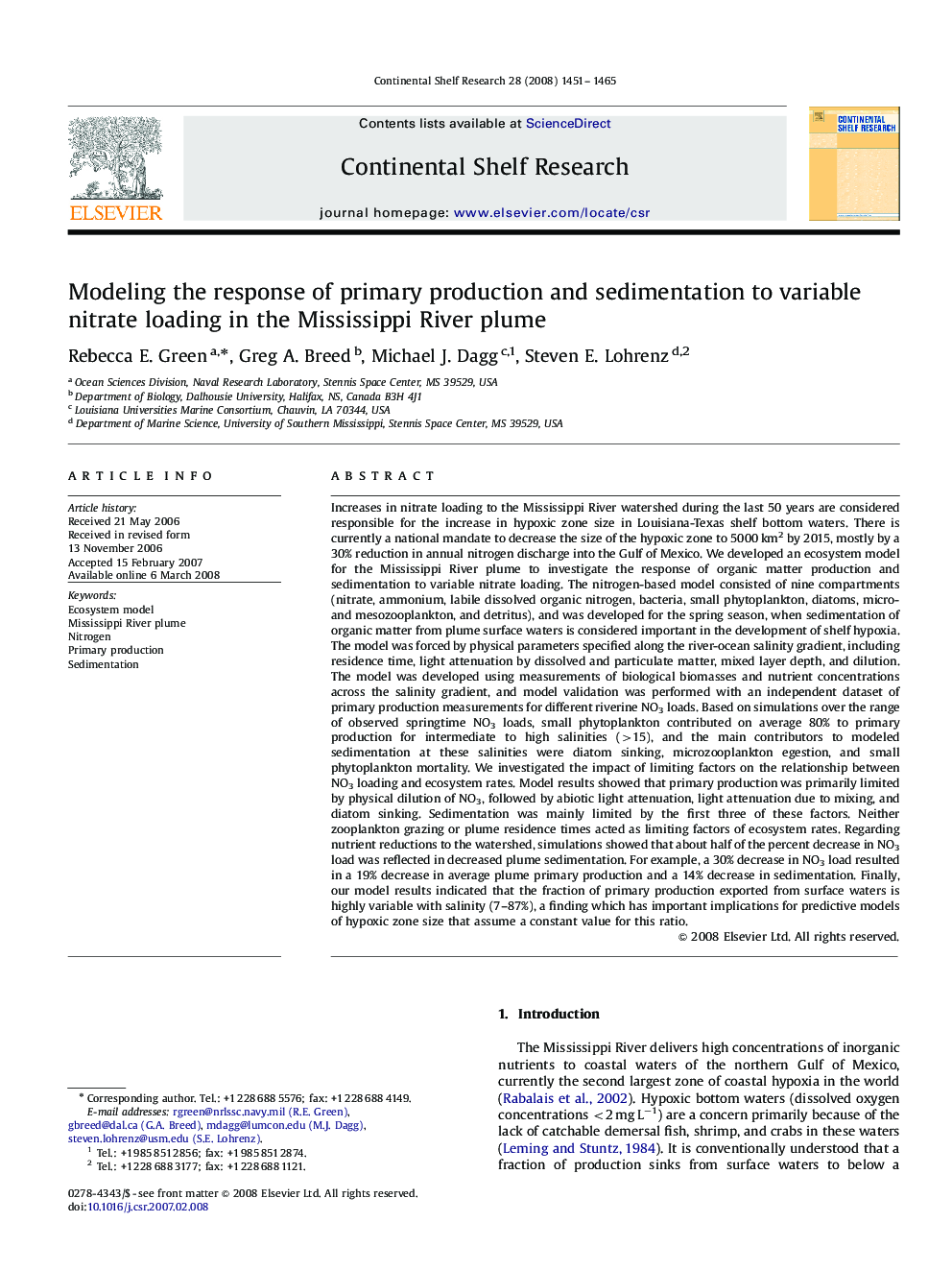 Modeling the response of primary production and sedimentation to variable nitrate loading in the Mississippi River plume