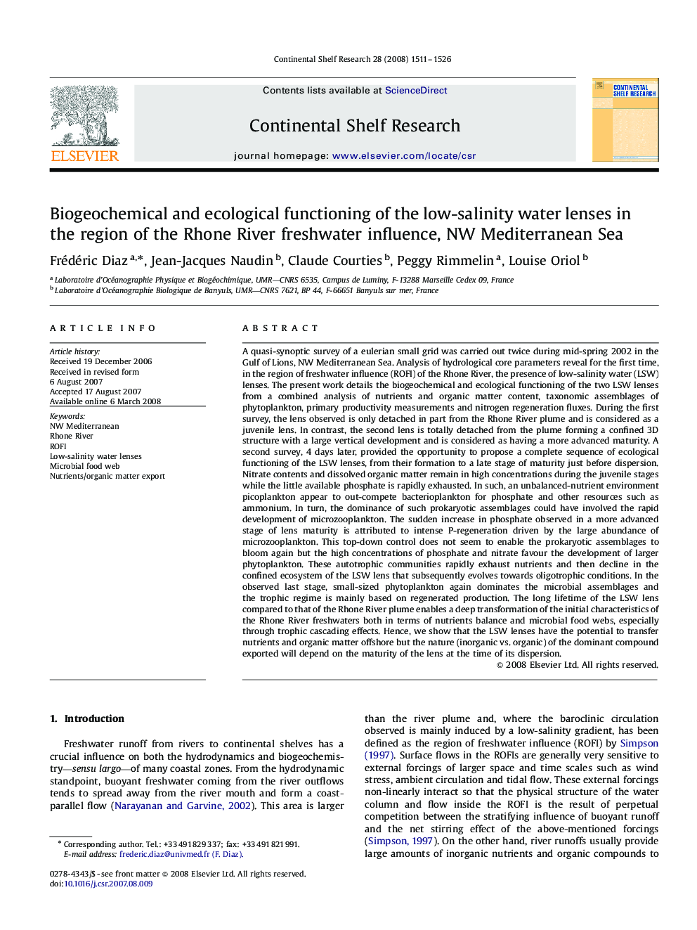 Biogeochemical and ecological functioning of the low-salinity water lenses in the region of the Rhone River freshwater influence, NW Mediterranean Sea