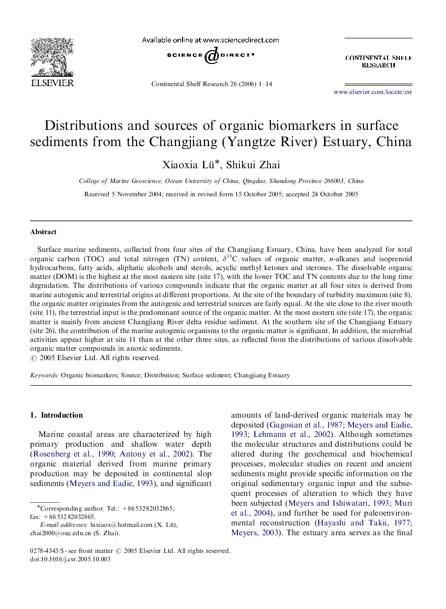 Distributions and sources of organic biomarkers in surface sediments from the Changjiang (Yangtze River) Estuary, China