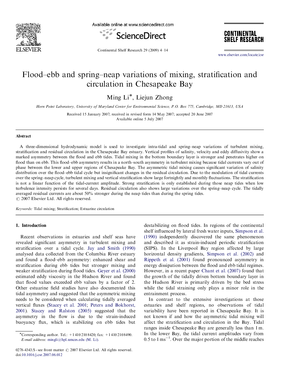 Flood–ebb and spring–neap variations of mixing, stratification and circulation in Chesapeake Bay