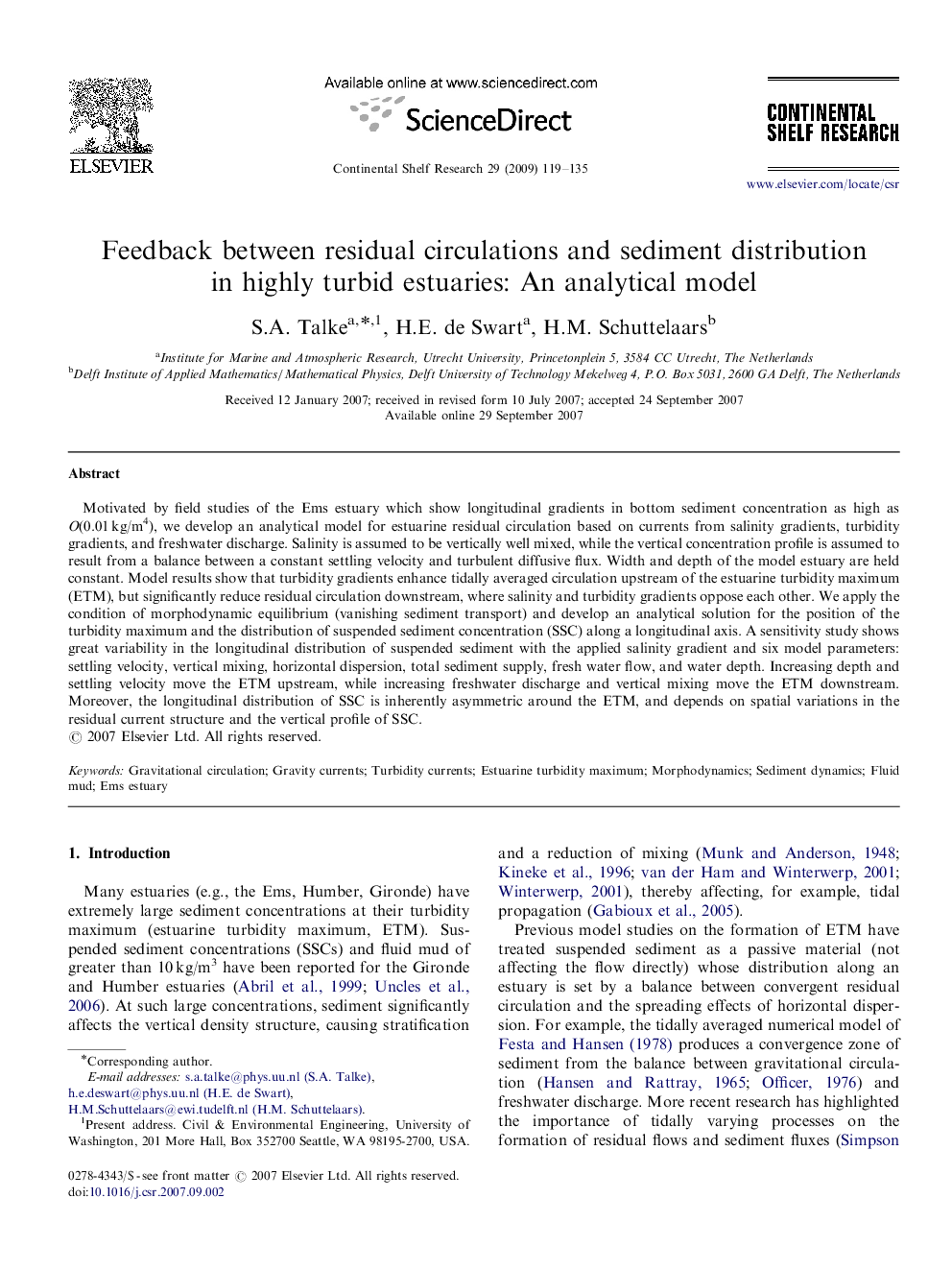 Feedback between residual circulations and sediment distribution in highly turbid estuaries: An analytical model