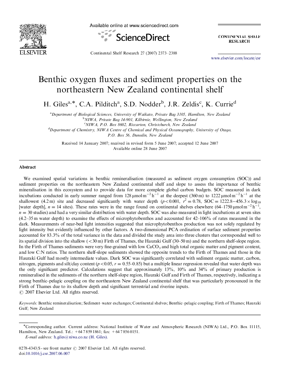 Benthic oxygen fluxes and sediment properties on the northeastern New Zealand continental shelf