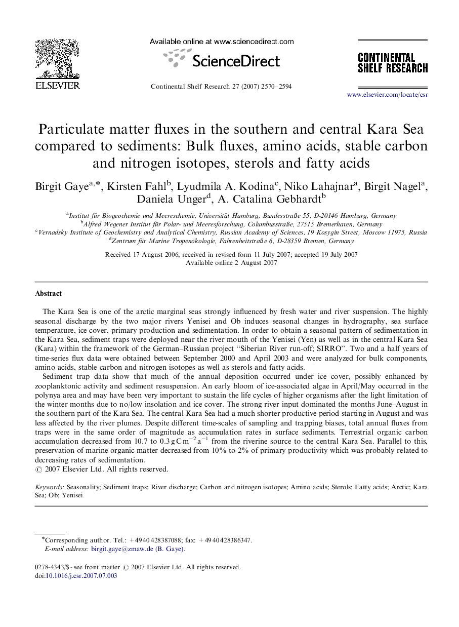 Particulate matter fluxes in the southern and central Kara Sea compared to sediments: Bulk fluxes, amino acids, stable carbon and nitrogen isotopes, sterols and fatty acids