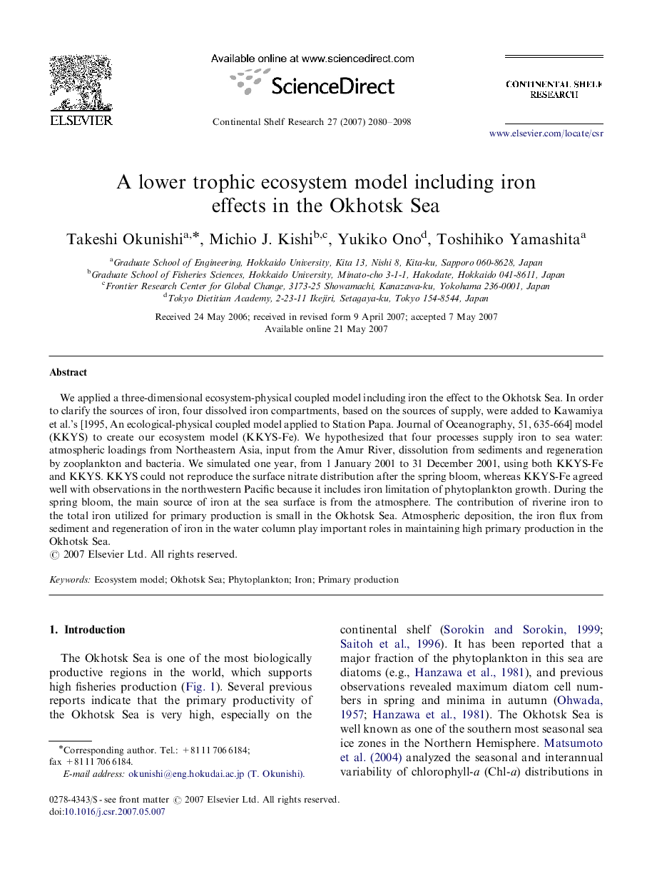 A lower trophic ecosystem model including iron effects in the Okhotsk Sea