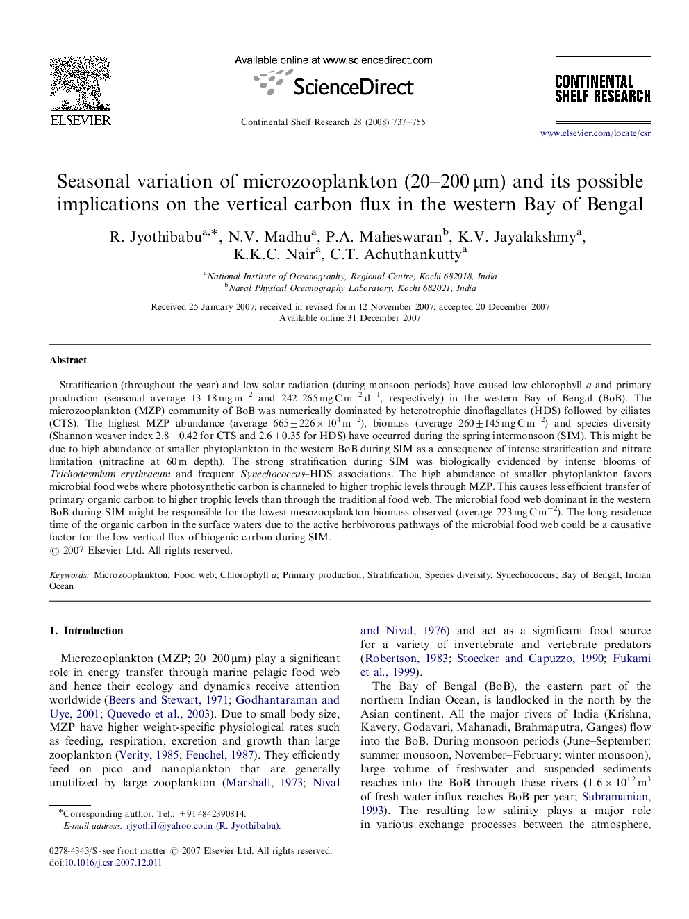 Seasonal variation of microzooplankton (20–200 μm) and its possible implications on the vertical carbon flux in the western Bay of Bengal