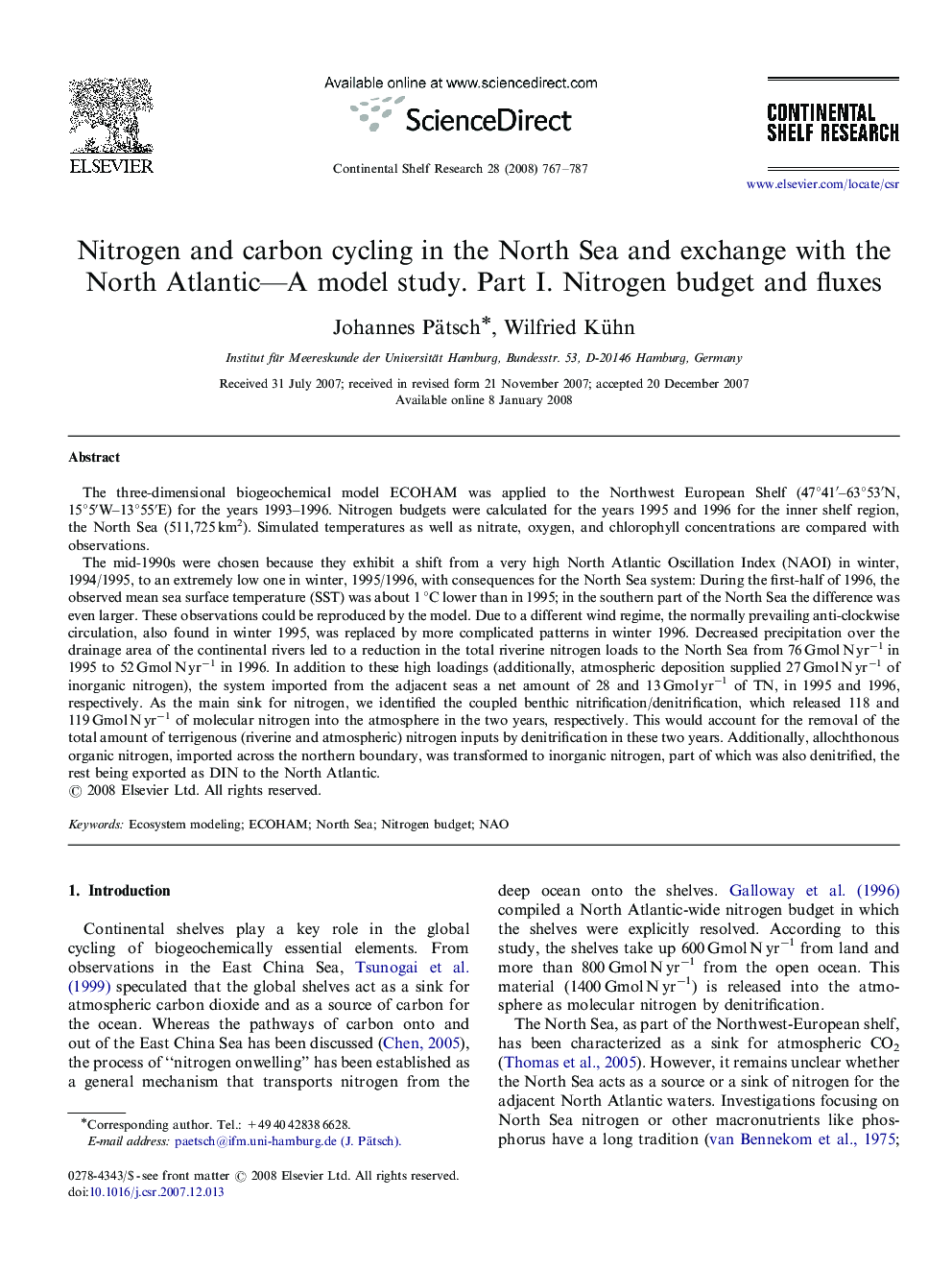 Nitrogen and carbon cycling in the North Sea and exchange with the North Atlantic—A model study. Part I. Nitrogen budget and fluxes