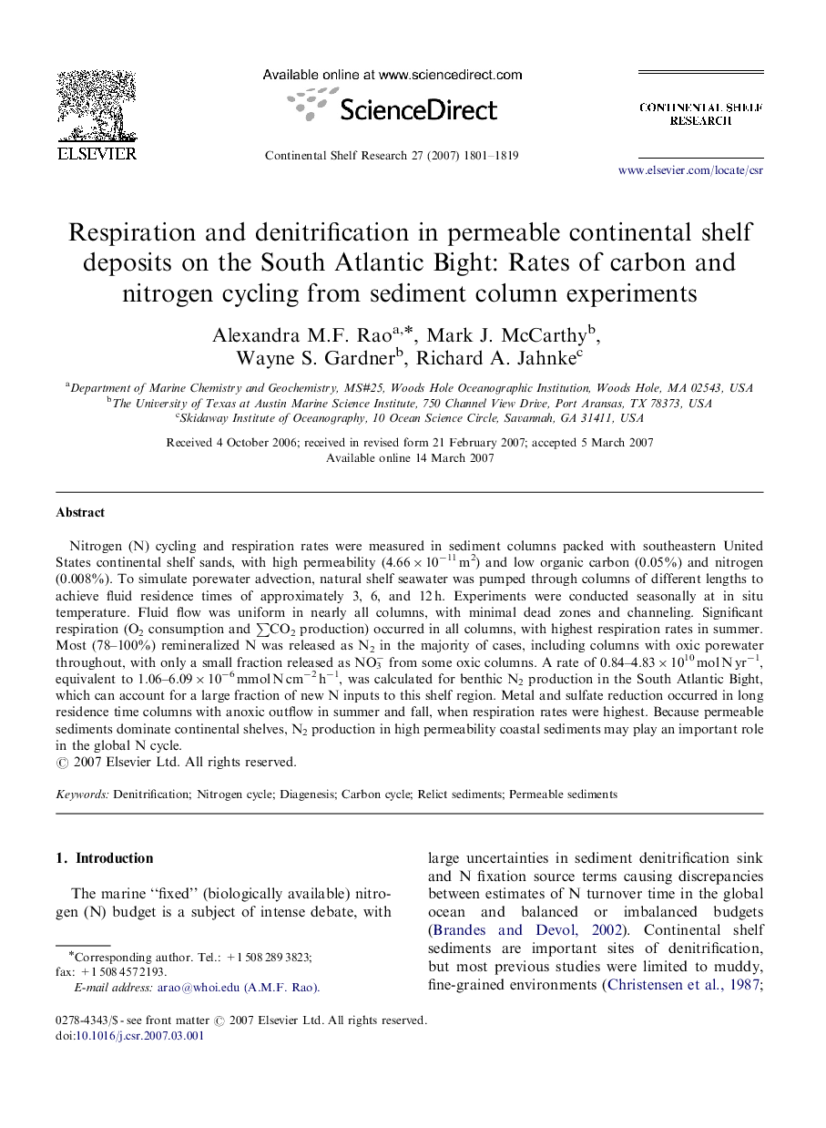 Respiration and denitrification in permeable continental shelf deposits on the South Atlantic Bight: Rates of carbon and nitrogen cycling from sediment column experiments